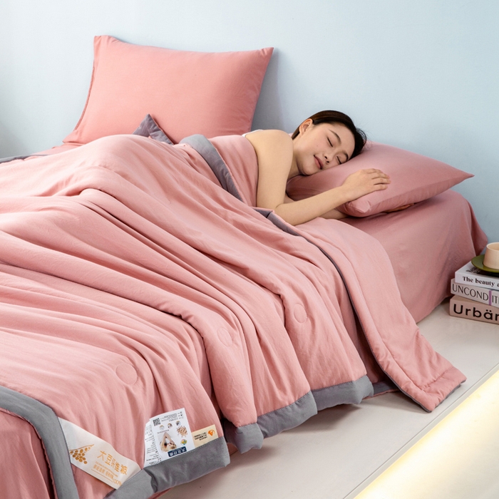 91家纺网 家纺一手货源 找家纺 森林人 2024新款A类水洗棉大豆纤维夏被四件套 豆沙