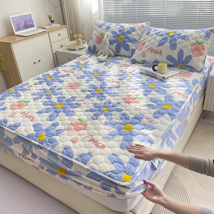 九亭家纺 2024新款A类抗菌全棉夹棉防水床笠 防水-水蜜桃兰