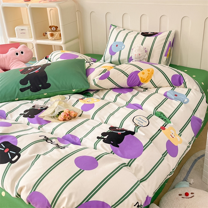 91家纺网 家纺一手货源 找家纺 呗旺鹿  2024新款舒适亲肤全棉40支大平网定位枕萌趣印花卡通四件套 猫咪精灵