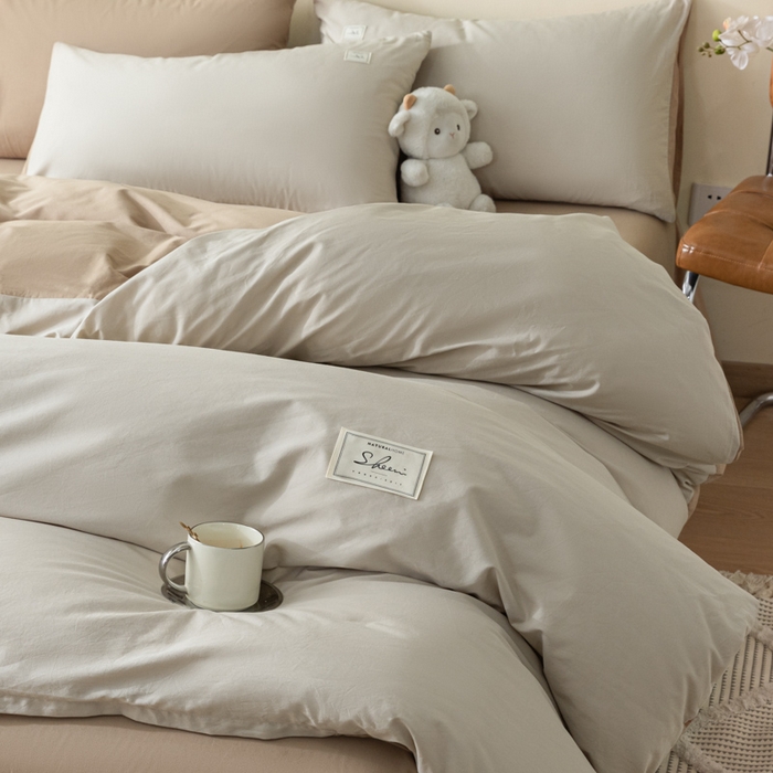 91家纺网 家纺一手货源 找家纺 ab家纺 2024新款40支全棉水洗棉双拼四件套 米-咖