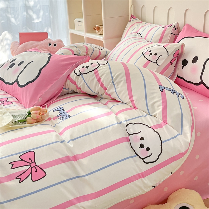 91家纺网 家纺一手货源 找家纺 呗旺鹿  2024新款舒适亲肤全棉40支大平网定位枕萌趣印花卡通四件套 小白狗