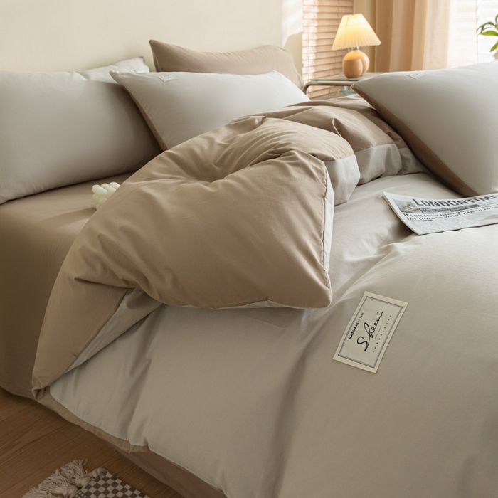 91家纺网 家纺一手货源 找家纺 ab家纺 2024新款40支全棉水洗棉双拼四件套 米-咖