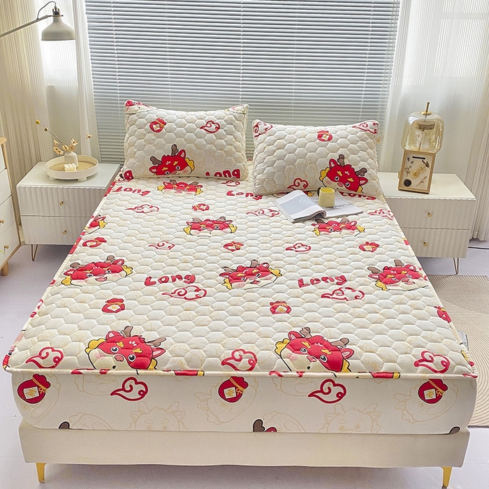 91家纺网 家纺一手货源 找家纺 九亭家纺 2024新款A类抗菌全棉夹棉防水床笠 防水-吉祥龙