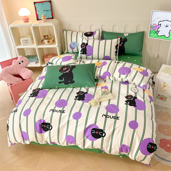 91家纺网 家纺一手货源 找家纺 呗旺鹿  2024新款舒适亲肤全棉40支大平网定位枕萌趣印花卡通四件套 猫咪精灵