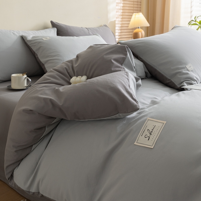91家纺网 家纺一手货源 找家纺 ab家纺 2024新款40支全棉水洗棉双拼四件套 浅灰深灰
