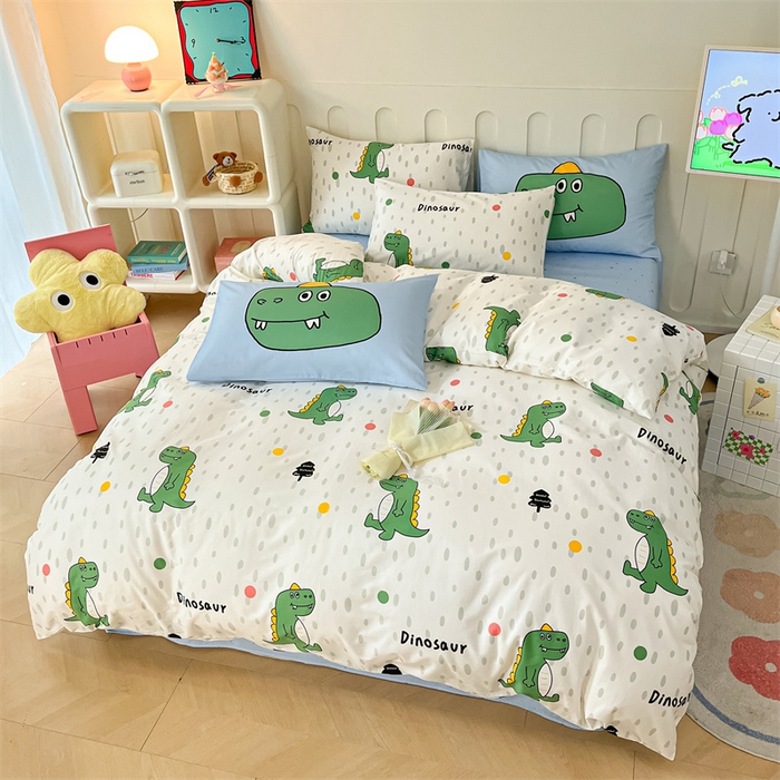 91家纺网 家纺一手货源 找家纺 呗旺鹿  2024新款舒适亲肤全棉40支大平网定位枕萌趣印花卡通四件套 恐龙点点