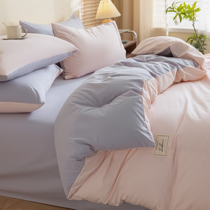 91家纺网 家纺一手货源 找家纺 ab家纺 2024新款40支全棉水洗棉双拼四件套 微微粉香芋紫