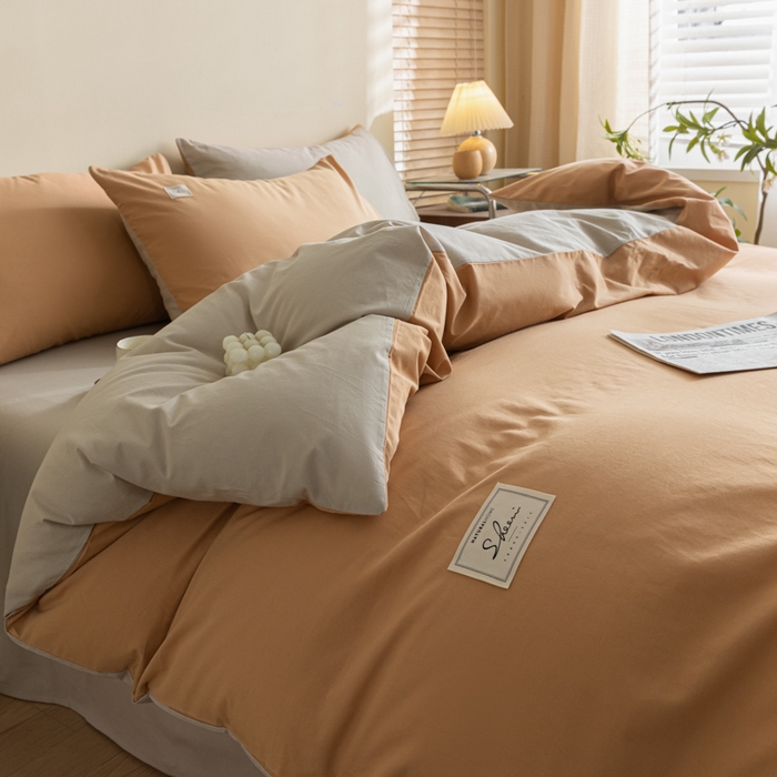 91家纺网 家纺一手货源 找家纺 ab家纺 2024新款40支全棉水洗棉双拼四件套 西柚米咖