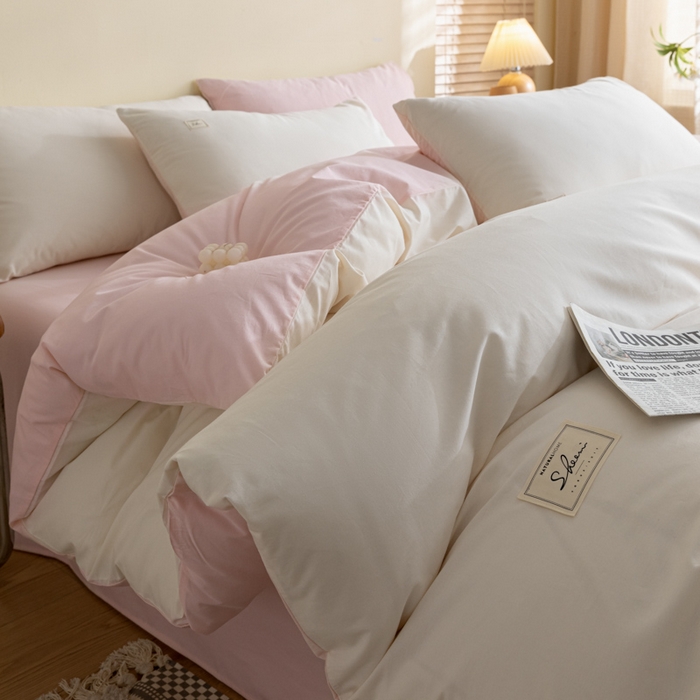 91家纺网 家纺一手货源 找家纺 ab家纺 2024新款40支全棉水洗棉双拼四件套 淡奶油粉