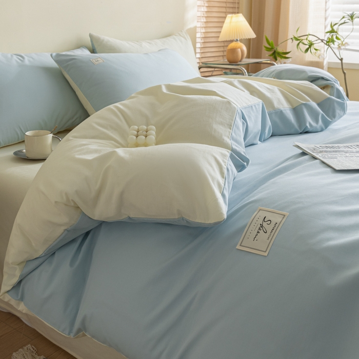 91家纺网 家纺一手货源 找家纺 ab家纺 2024新款40支全棉水洗棉双拼四件套 天空蓝杏黄