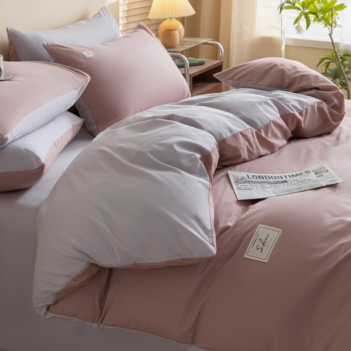 91家纺网 家纺一手货源 找家纺 ab家纺 2024新款40支全棉水洗棉双拼四件套 豆沙香芋紫