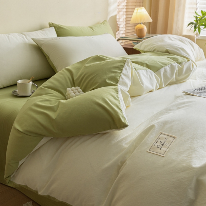 91家纺网 家纺一手货源 找家纺 ab家纺 2024新款40支全棉水洗棉双拼四件套 杏黄橄榄绿