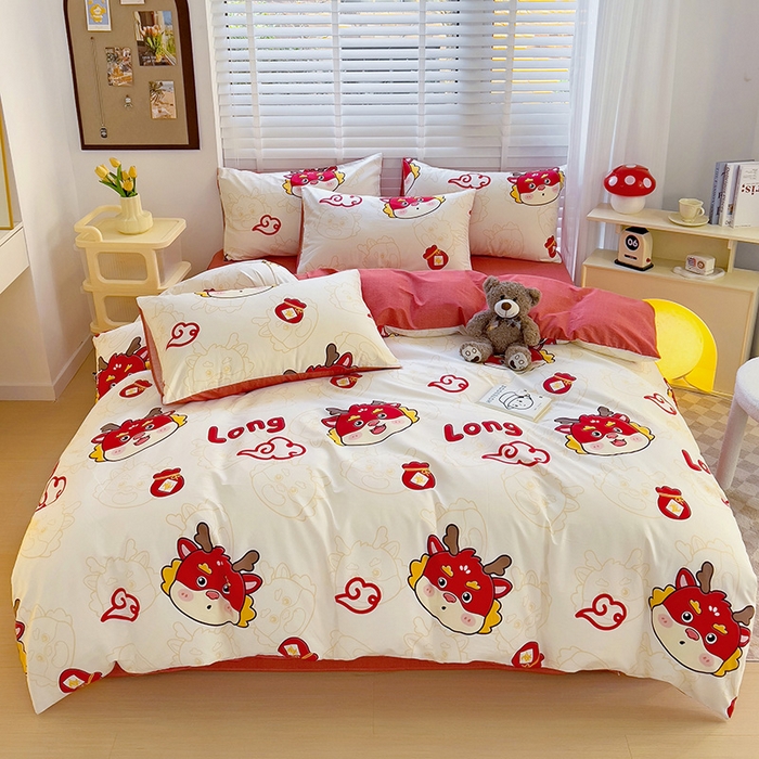 91家纺网 家纺一手货源 找家纺 西引力 2024新款全棉卡通印花单被套 开运龙 白