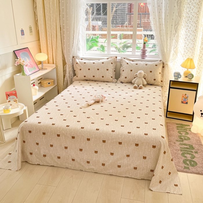 91家纺网 家纺一手货源 找家纺 铭成家纺 2024新款新疆棉喷气印花小清新系列单床单 温暖熊