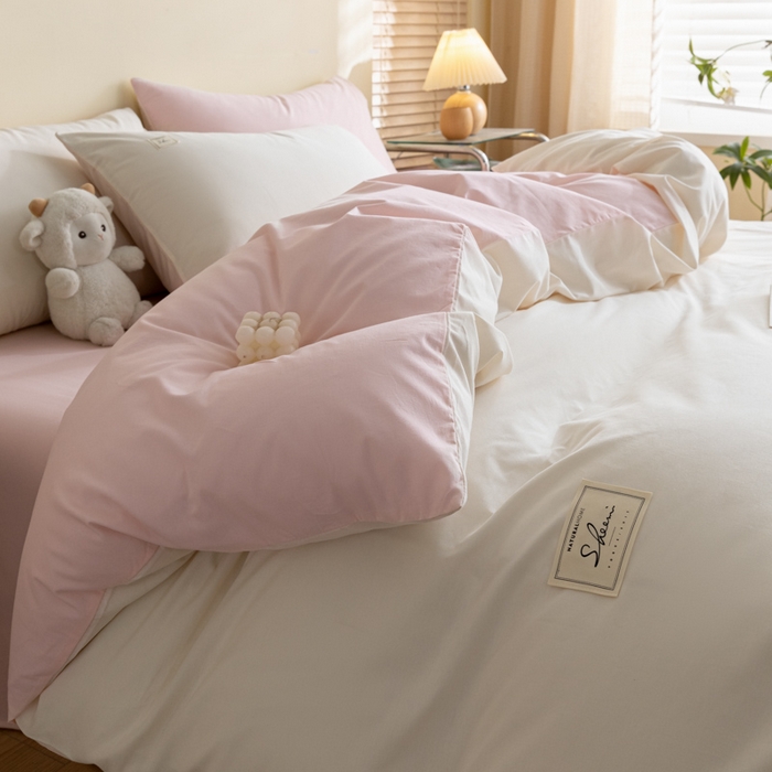 91家纺网 家纺一手货源 找家纺 ab家纺 2024新款40支全棉水洗棉双拼四件套 淡奶油粉