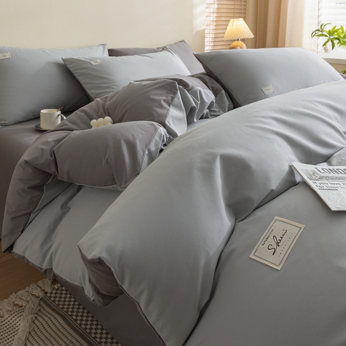 91家纺网 家纺一手货源 找家纺 ab家纺 2024新款40支全棉水洗棉双拼四件套 浅灰深灰