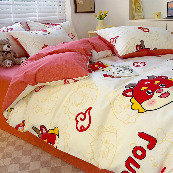 91家纺网 家纺一手货源 找家纺 西引力 2024新款全棉卡通印花单被套 开运龙 白