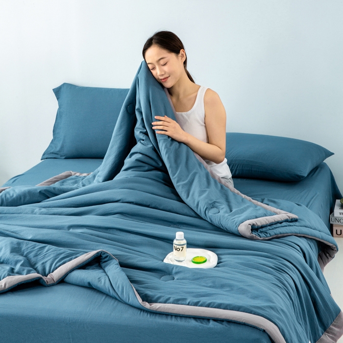 91家纺网 家纺一手货源 找家纺 森林人 2024新款A类水洗棉大豆纤维夏被四件套 宾利蓝