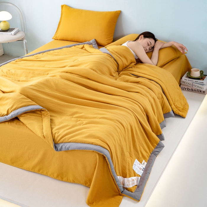 91家纺网 家纺一手货源 找家纺 森林人 2024新款A类水洗棉大豆纤维夏被四件套 柠檬黄