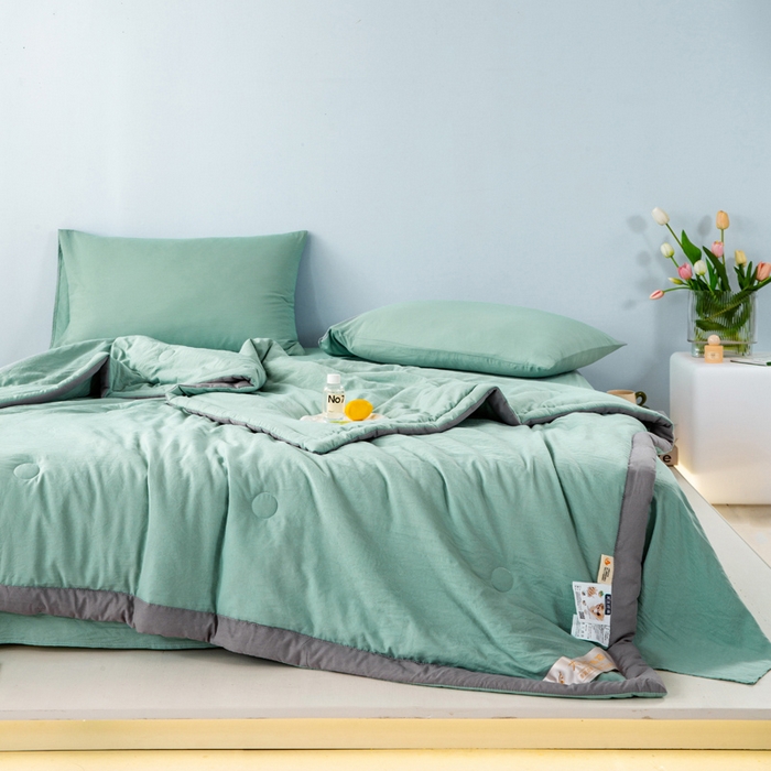91家纺网 家纺一手货源 找家纺 森林人 2024新款A类水洗棉大豆纤维夏被四件套 薄荷绿