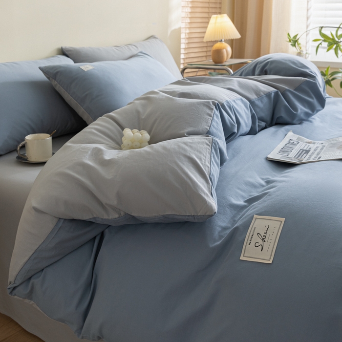 91家纺网 家纺一手货源 找家纺 ab家纺 2024新款40支全棉水洗棉双拼四件套 浅蓝灰