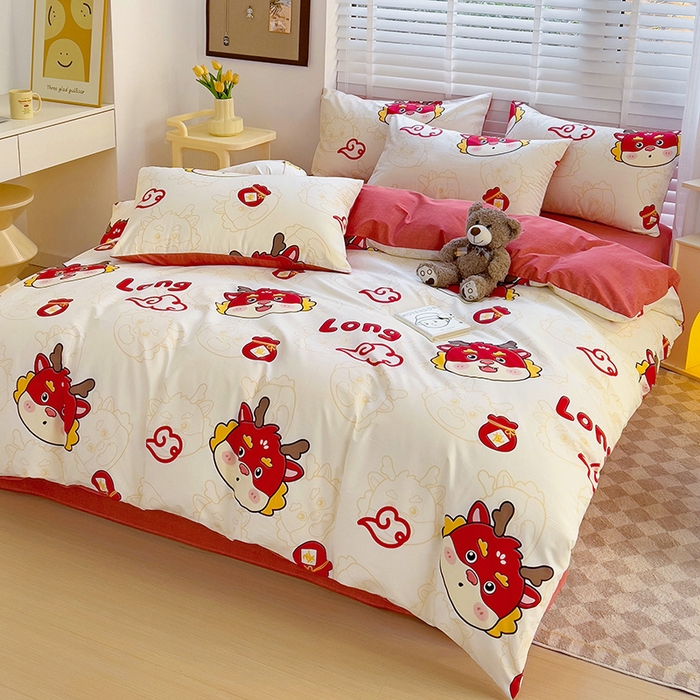 91家纺网 家纺一手货源 找家纺 西引力 2024新款全棉卡通印花单被套 开运龙 白