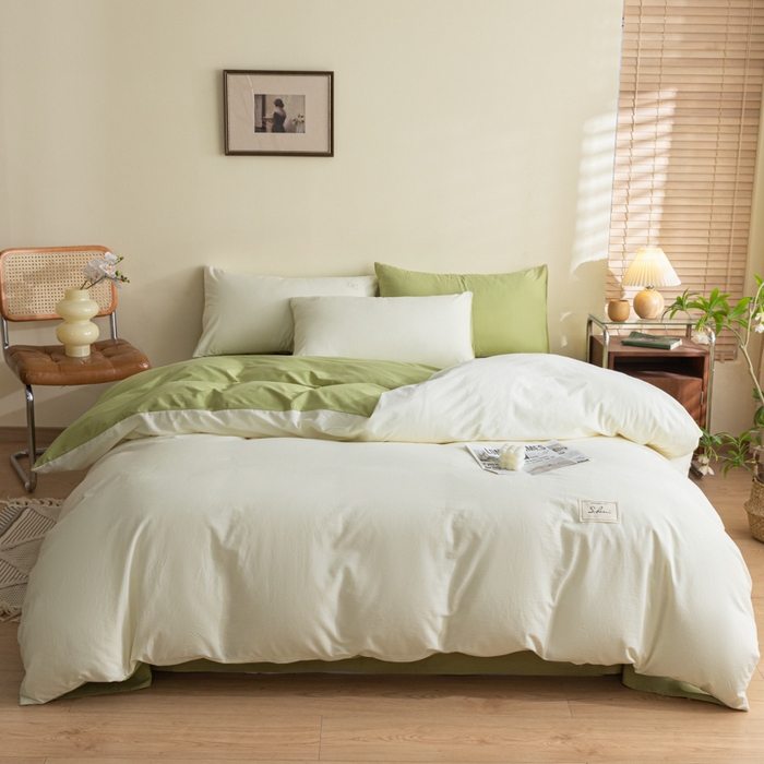 91家纺网 家纺一手货源 找家纺 ab家纺 2024新款40支全棉水洗棉双拼四件套 杏黄橄榄绿