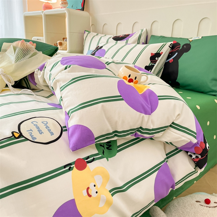 91家纺网 家纺一手货源 找家纺 呗旺鹿  2024新款舒适亲肤全棉40支大平网定位枕萌趣印花卡通四件套 猫咪精灵