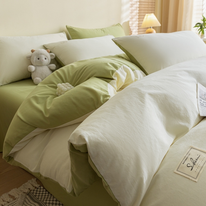 91家纺网 家纺一手货源 找家纺 ab家纺 2024新款40支全棉水洗棉双拼四件套 杏黄橄榄绿