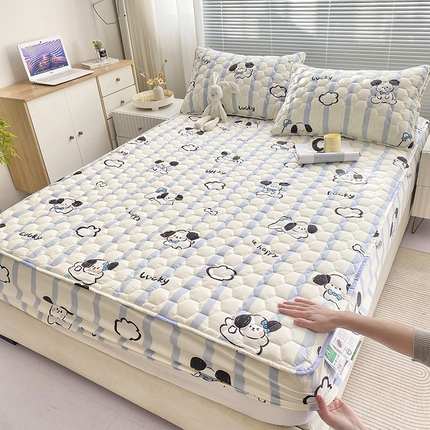 九亭家纺 2024新款A类抗菌全棉夹棉防水床笠 防水-条纹狗狗