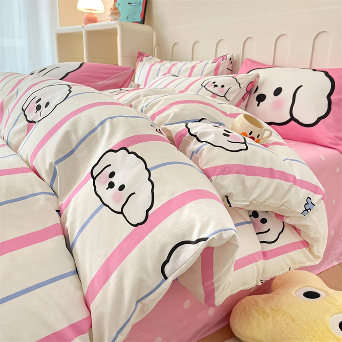 91家纺网 家纺一手货源 找家纺 呗旺鹿  2024新款舒适亲肤全棉40支大平网定位枕萌趣印花卡通四件套 小白狗