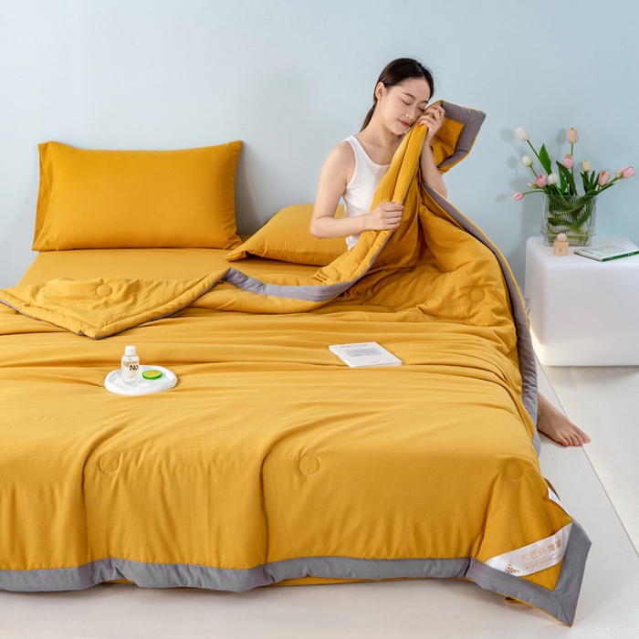 91家纺网 家纺一手货源 找家纺 森林人 2024新款A类水洗棉大豆纤维夏被四件套 柠檬黄