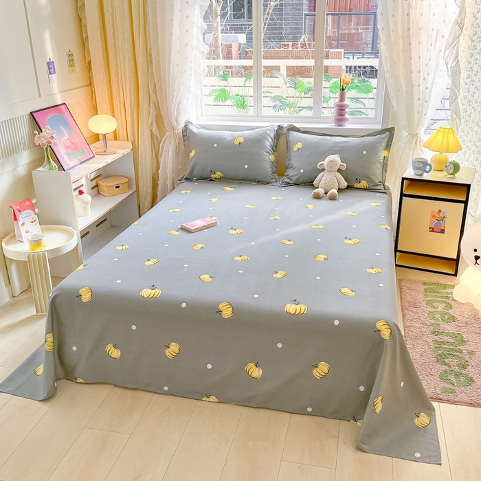 91家纺网 家纺一手货源 找家纺 铭成家纺 2024新款新疆棉喷气印花小清新系列单床单 神秘南瓜-灰