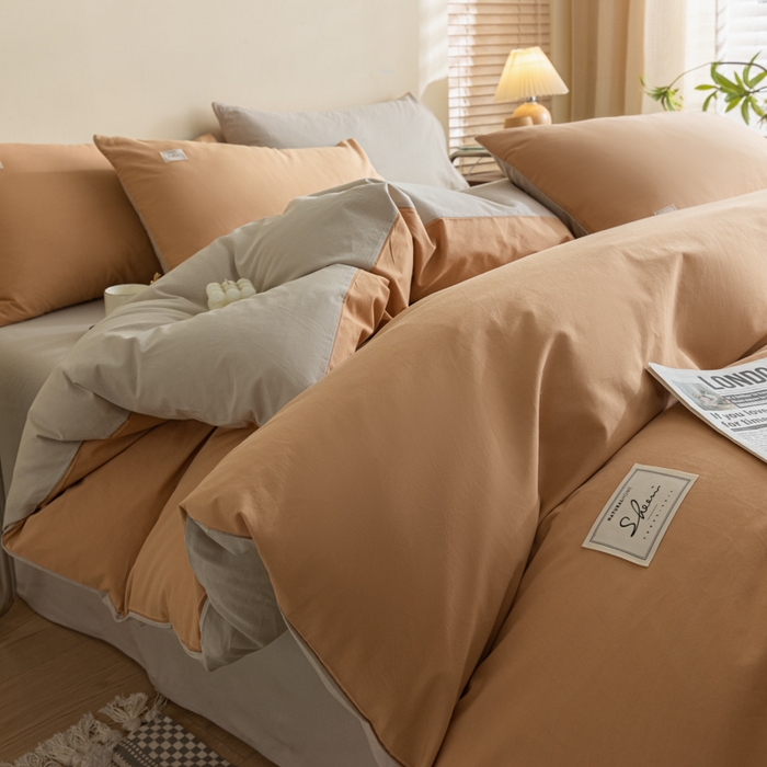 91家纺网 家纺一手货源 找家纺 ab家纺 2024新款40支全棉水洗棉双拼四件套 西柚米咖