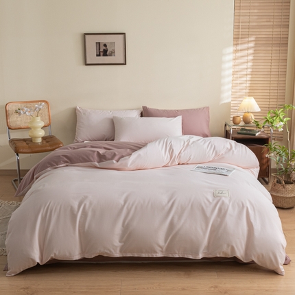 91家纺网 家纺一手货源 找家纺 ab家纺 2024新款40支全棉水洗棉双拼四件套 微微粉豆沙