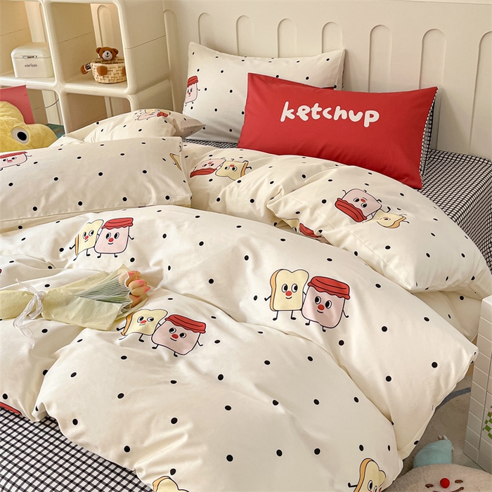 91家纺网 家纺一手货源 找家纺 呗旺鹿  2024新款舒适亲肤全棉40支大平网定位枕萌趣印花卡通四件套 蜜糖吐司