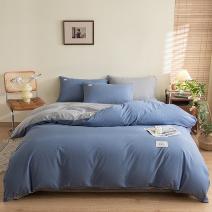 91家纺网 家纺一手货源 找家纺 ab家纺 2024新款40支全棉水洗棉双拼四件套 宾利蓝浅灰
