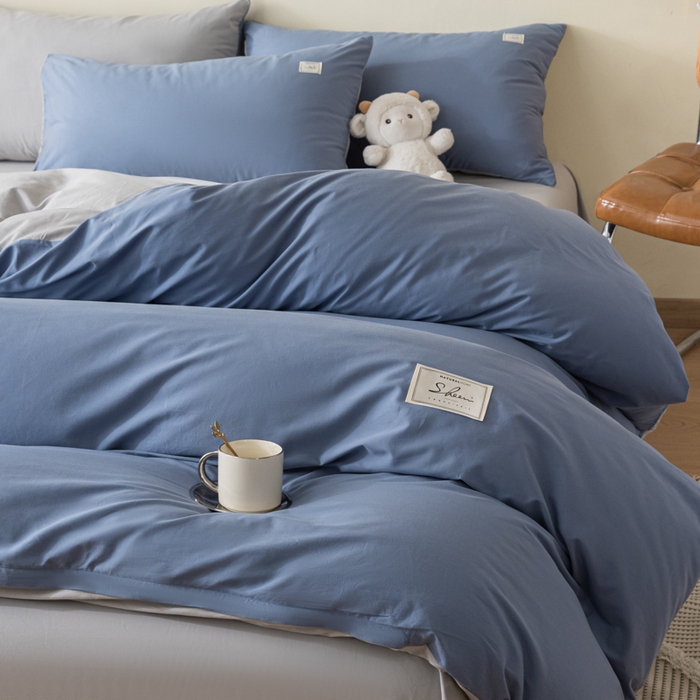 91家纺网 家纺一手货源 找家纺 ab家纺 2024新款40支全棉水洗棉双拼四件套 宾利蓝浅灰