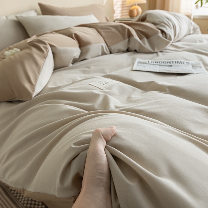 91家纺网 家纺一手货源 找家纺 ab家纺 2024新款40支全棉水洗棉双拼四件套 米-咖