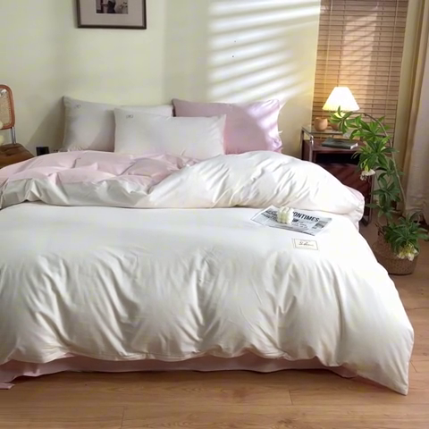 91家纺网 家纺一手货源 找家纺 ab家纺 2024新款40支全棉水洗棉双拼四件套 淡奶油粉