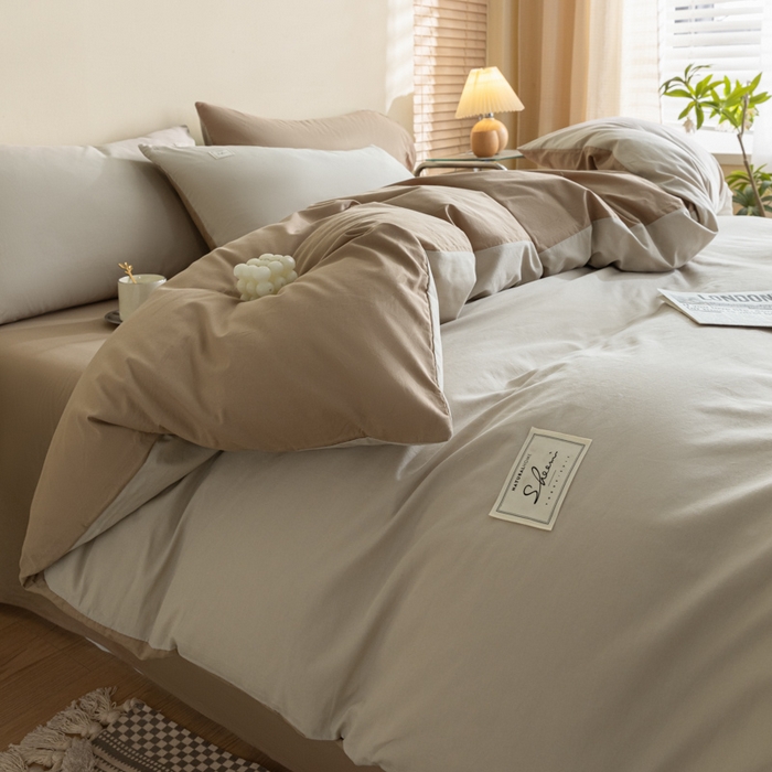 91家纺网 家纺一手货源 找家纺 ab家纺 2024新款40支全棉水洗棉双拼四件套 米-咖