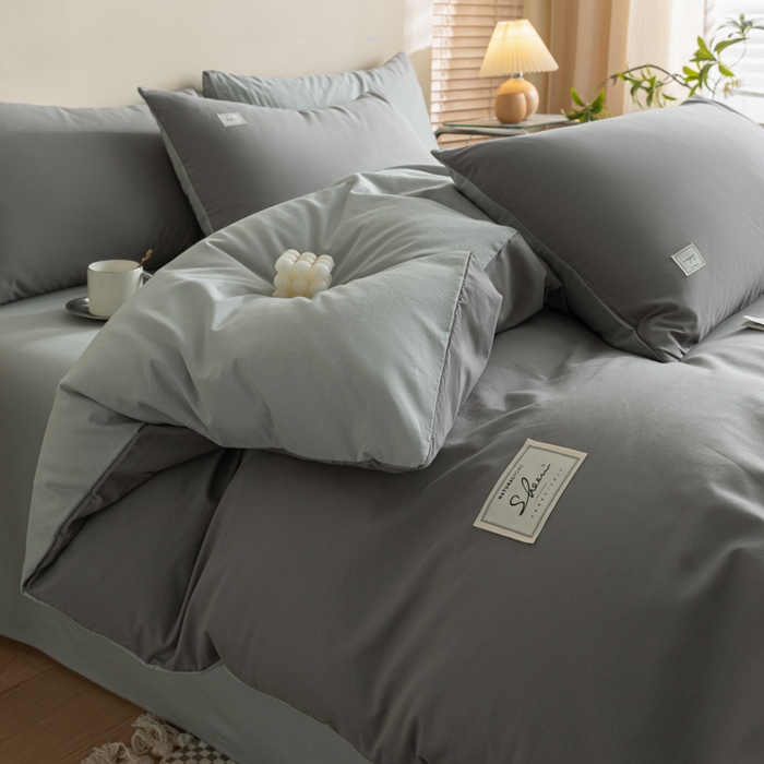 91家纺网 家纺一手货源 找家纺 ab家纺 2024新款40支全棉水洗棉双拼四件套 深灰浅灰