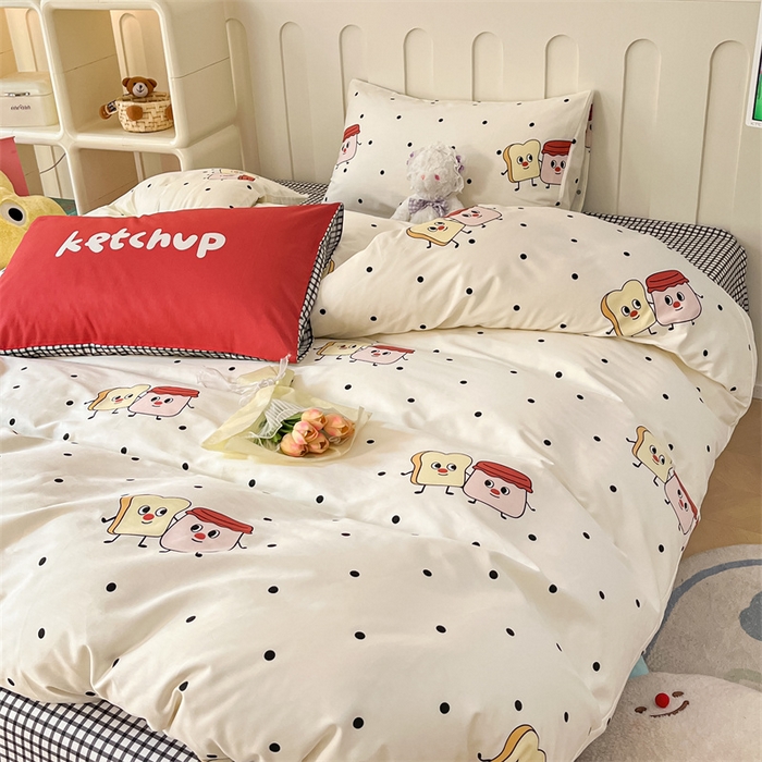 91家纺网 家纺一手货源 找家纺 呗旺鹿  2024新款舒适亲肤全棉40支大平网定位枕萌趣印花卡通四件套 蜜糖吐司