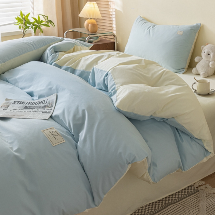 91家纺网 家纺一手货源 找家纺 ab家纺 2024新款40支全棉水洗棉双拼四件套 天空蓝杏黄