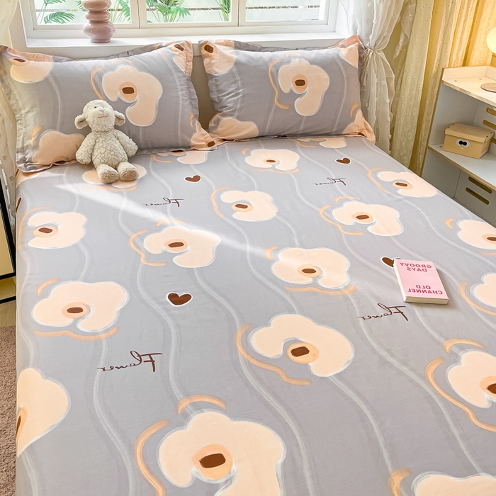 91家纺网 家纺一手货源 找家纺 铭成家纺 2024新款新疆棉喷气印花小清新系列单床单 梦甜-灰