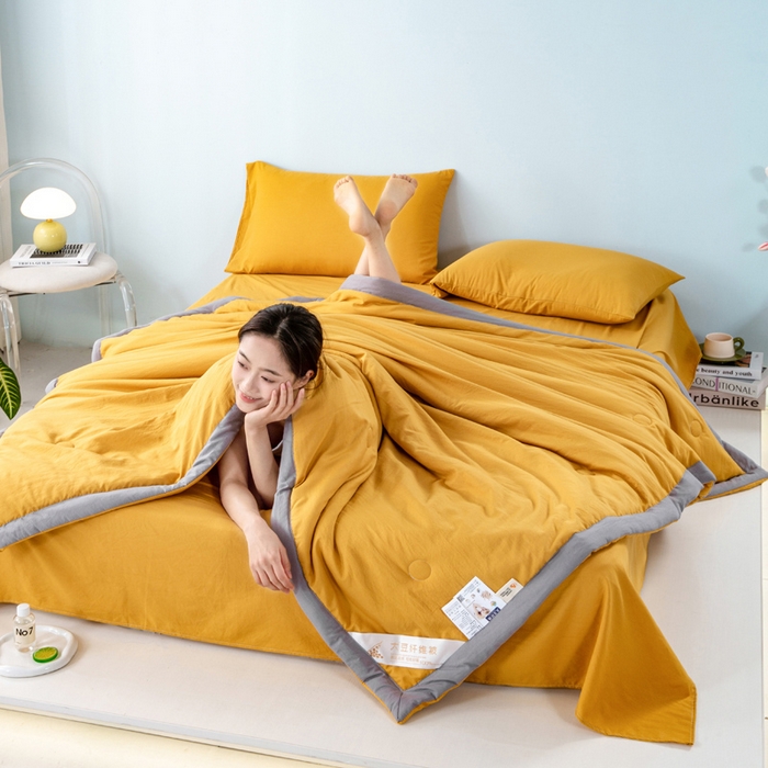 91家纺网 家纺一手货源 找家纺 森林人 2024新款A类水洗棉大豆纤维夏被四件套 柠檬黄