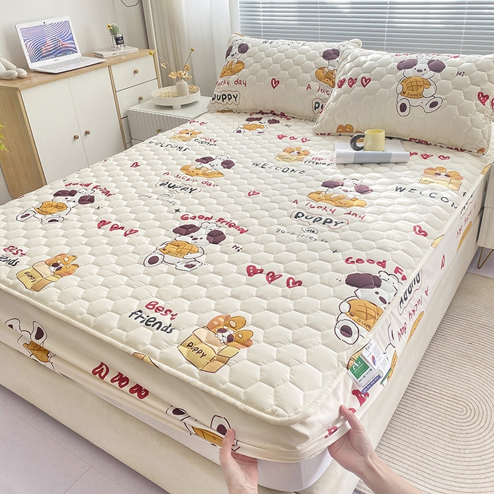 91家纺网 家纺一手货源 找家纺 九亭家纺 2024新款A类抗菌全棉夹棉防水床笠 防水-方糖起司