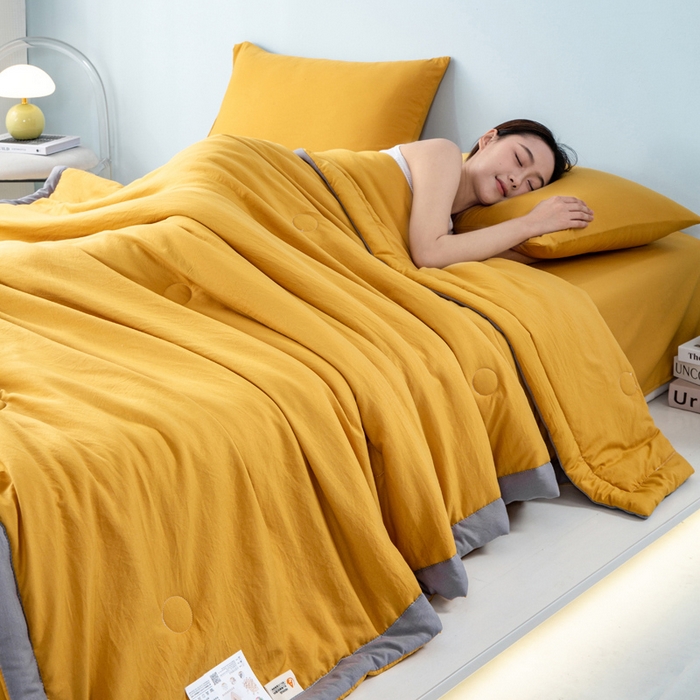 91家纺网 家纺一手货源 找家纺 森林人 2024新款A类水洗棉大豆纤维夏被四件套 柠檬黄