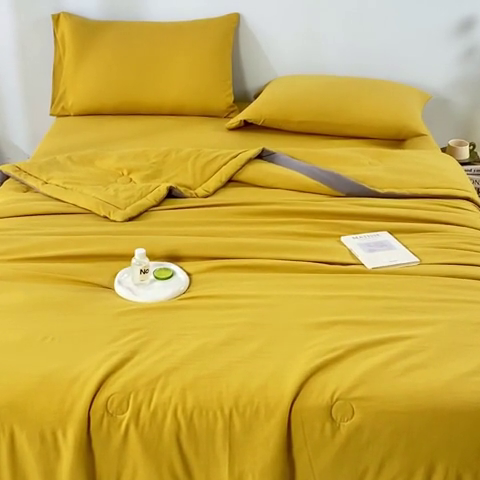 91家纺网 家纺一手货源 找家纺 森林人 2024新款A类水洗棉大豆纤维夏被四件套 柠檬黄