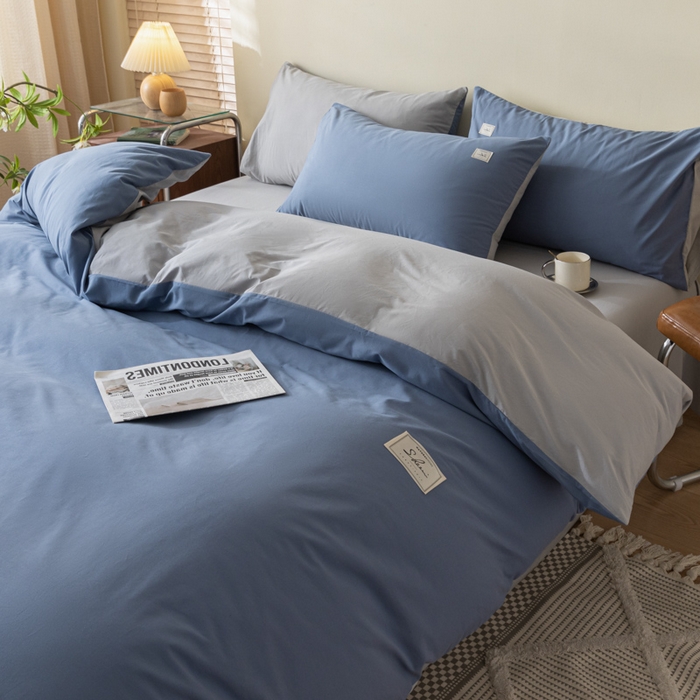 91家纺网 家纺一手货源 找家纺 ab家纺 2024新款40支全棉水洗棉双拼四件套 宾利蓝浅灰